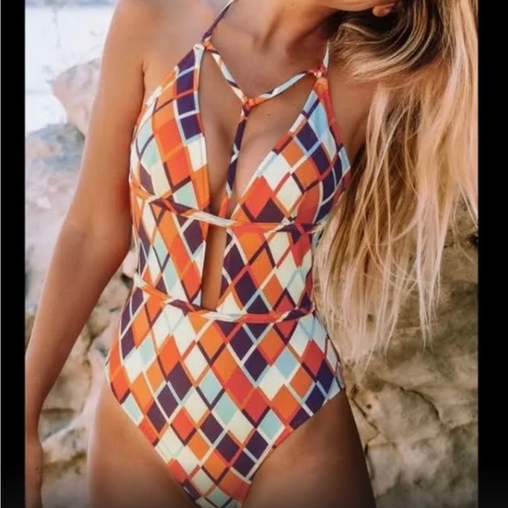 Cupshe orange / purple diamond plaid one piece swim suit sz Small